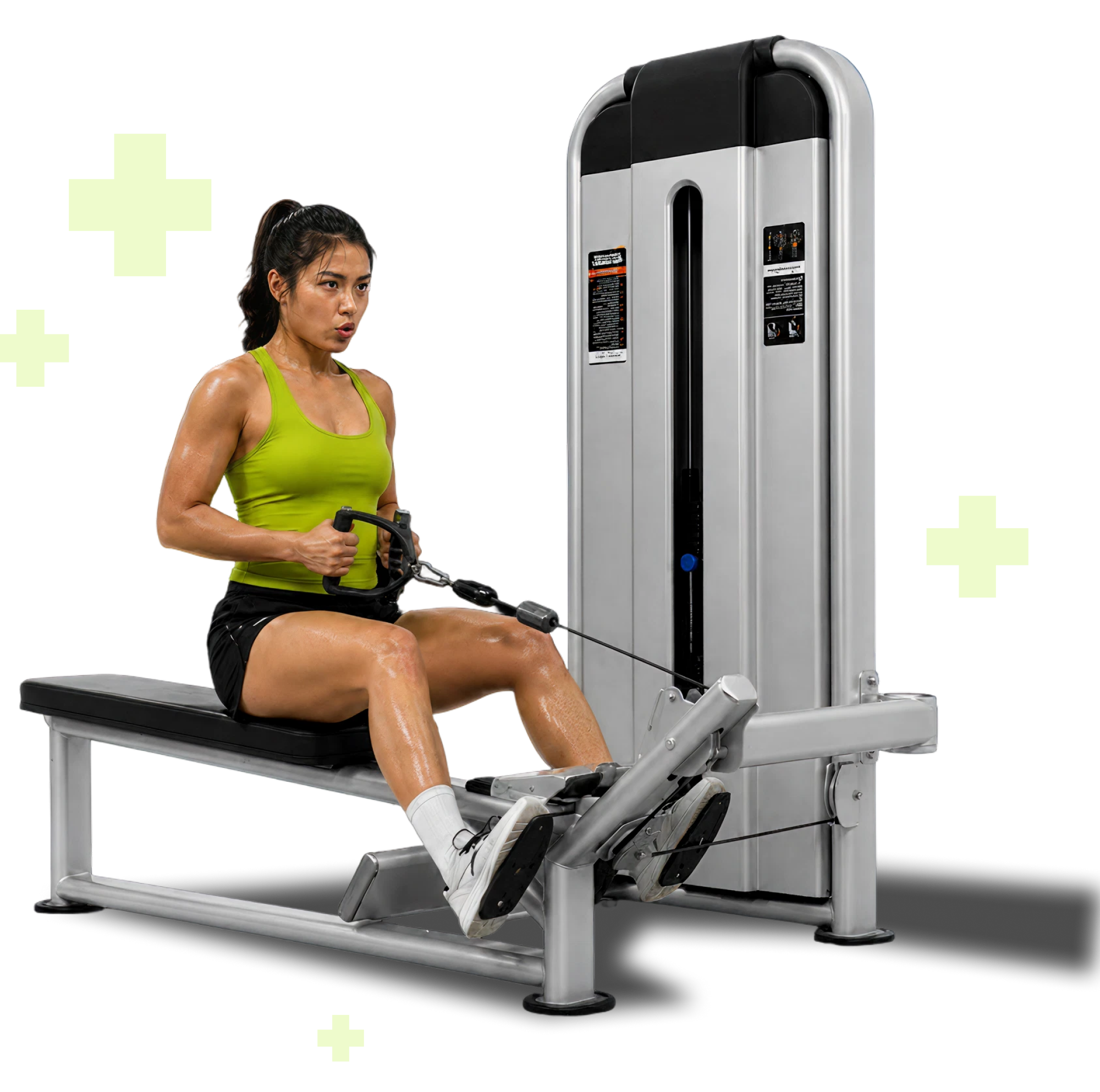 Woman using leg press machine, alternate angle