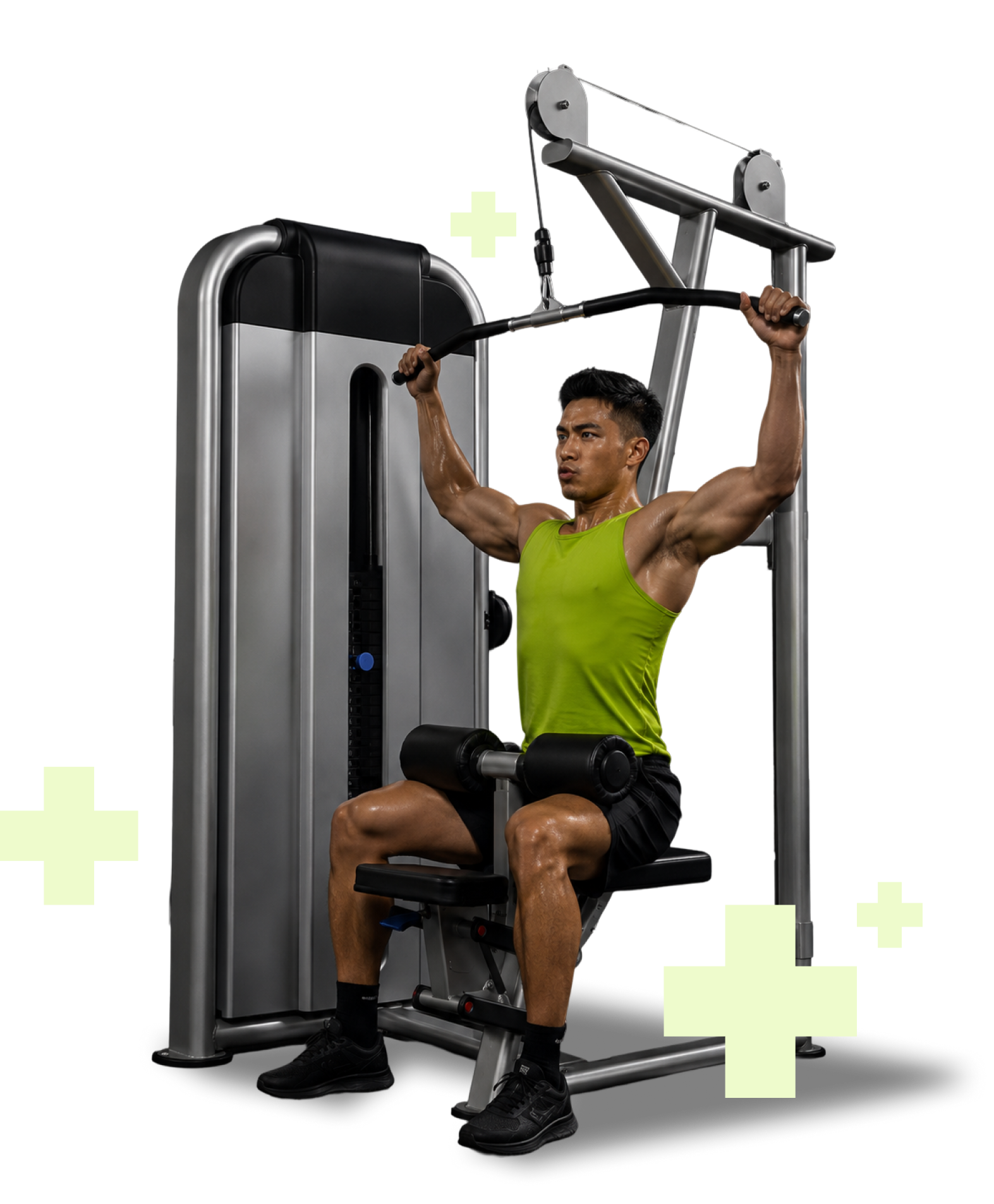 Woman using leg press machine, alternate angle
