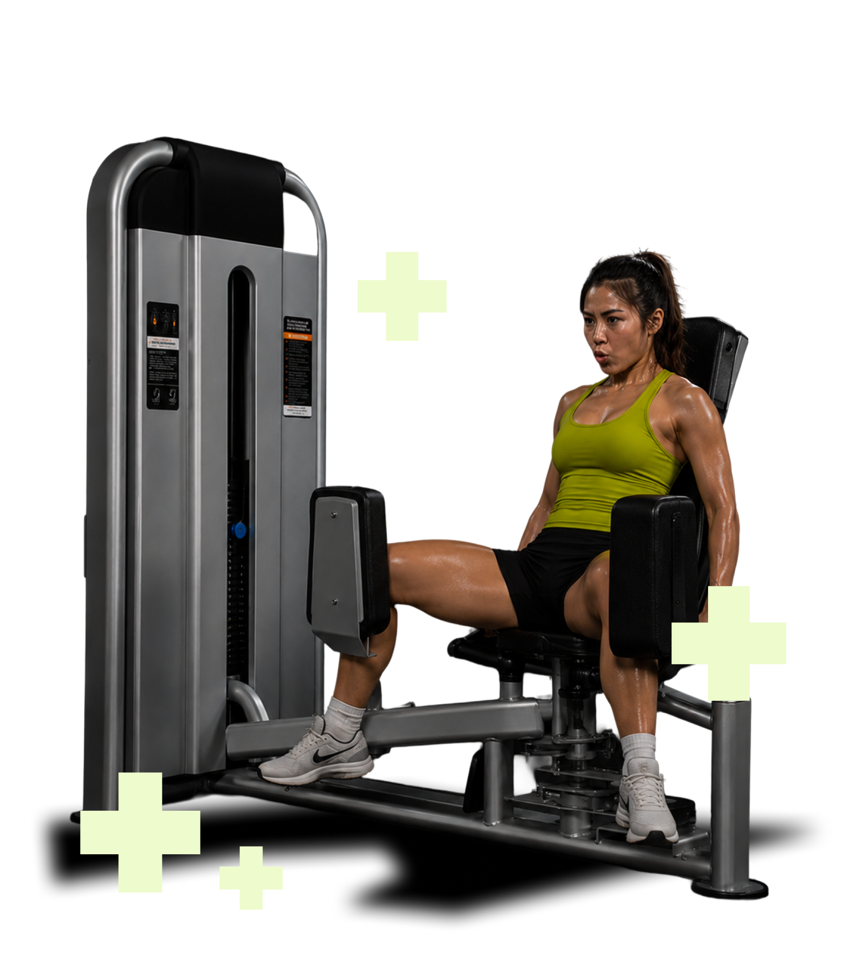 Woman using leg press machine, alternate angle